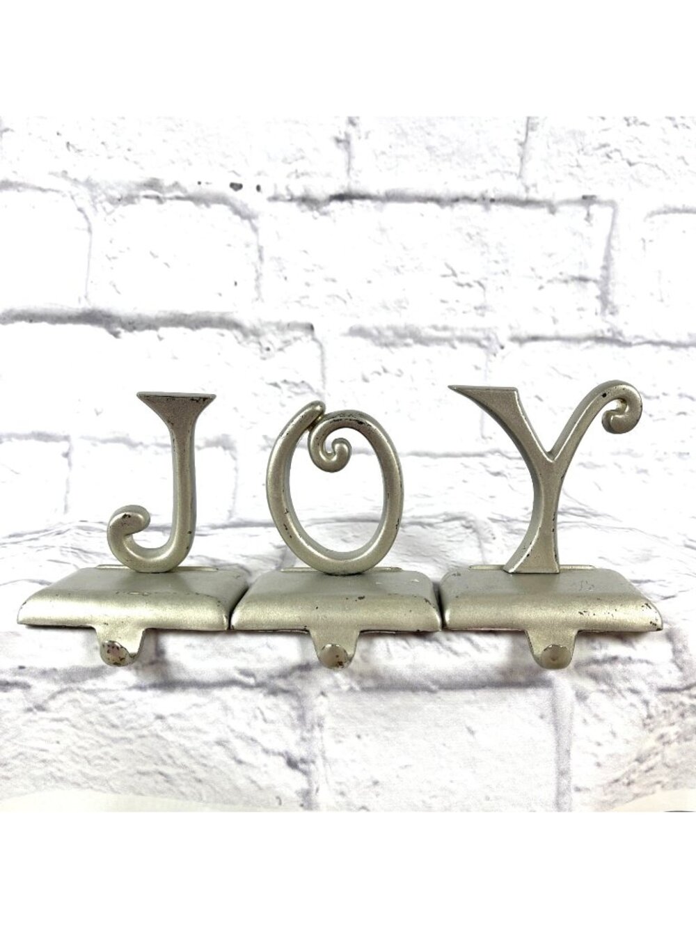 Vintage Pottery Barn Silver JOY Christmas Stocking Holders Weighted Mantel Hooks - Picture 2 of 12